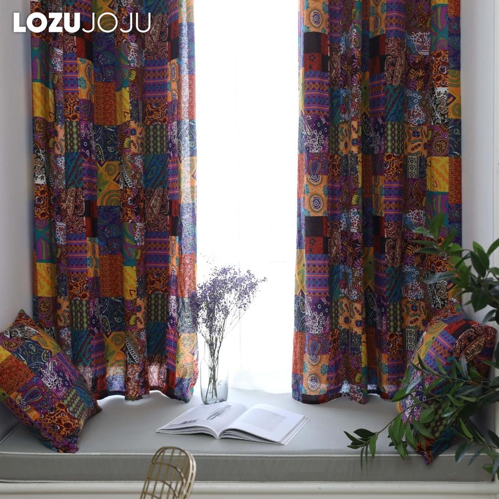 1PC LOZUJOJU Bohemian Retro Ethnic Style Cotton Linen Printed Semi Blackout Curtains for Small Window Kitchen Bedroom Living Room Balcony Home Decor