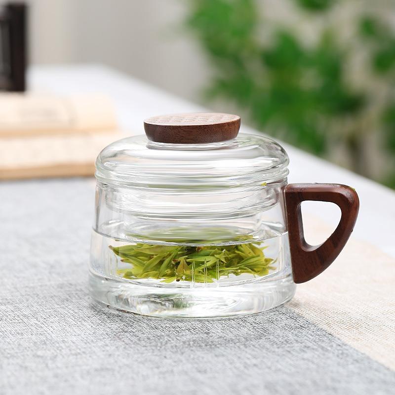 200ml Tea Infuser Cup Heat Resistant Glass Teacup with Filter and Wood Handle Coaster Office Tea Separation Mug Kung Fu Tea Set