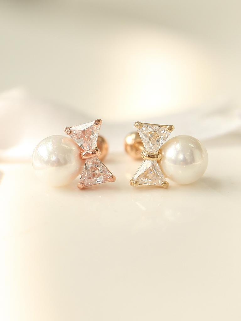 Minimalpiercing 14K Cubic Ribbon Pearl Piercing Earrings
