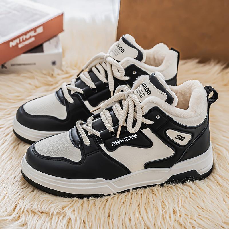 Men's Warm Plush Sneakers High Top Leather Casual Shoes Men's Skateboarding Windproof Casual Sports Shoes Thick Flat Shoes