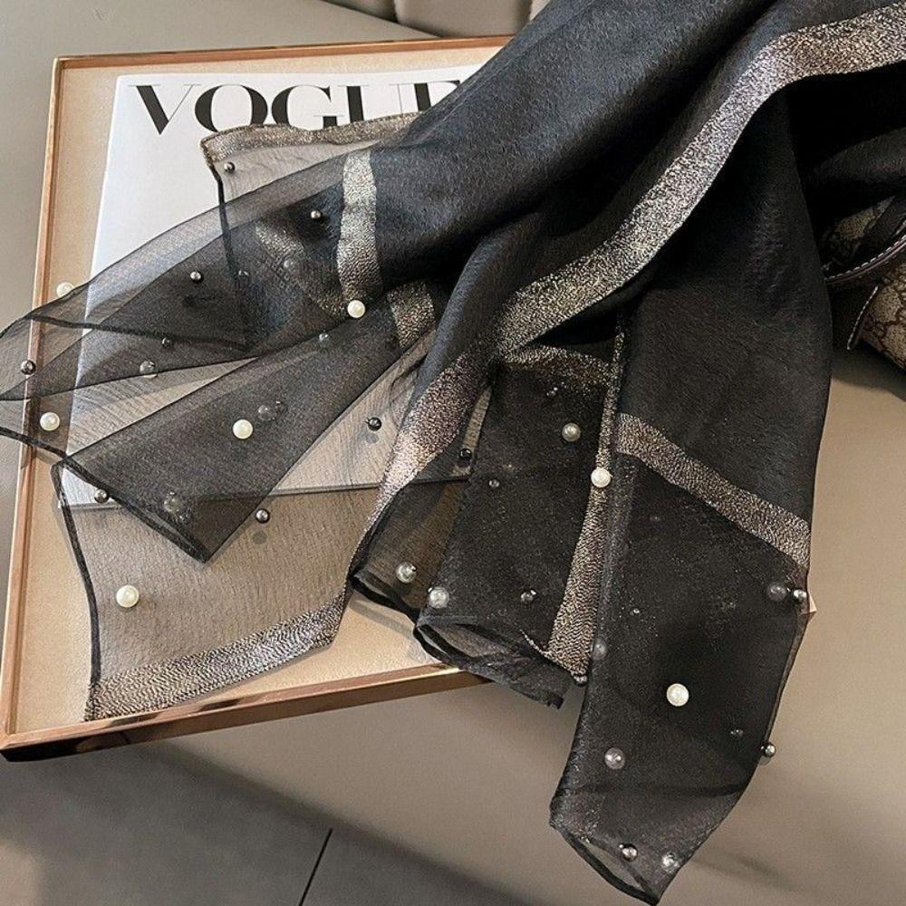 Pearls Mesh Neck Scarves Sunscreen Silk Scarf Shawls Luxury   Party