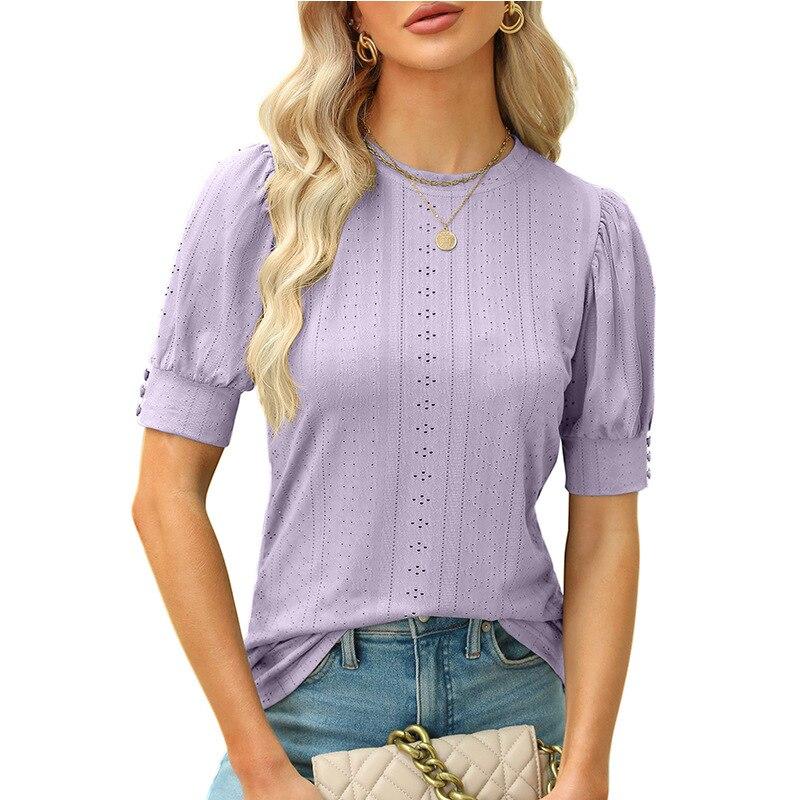 

2026 Summer O-Neck Hollow Out Shirts Ladies Button Short Sleeve Casual Blouses Women Elegant Sweet Tops Fashion Blusas 25189 S фиолетовый