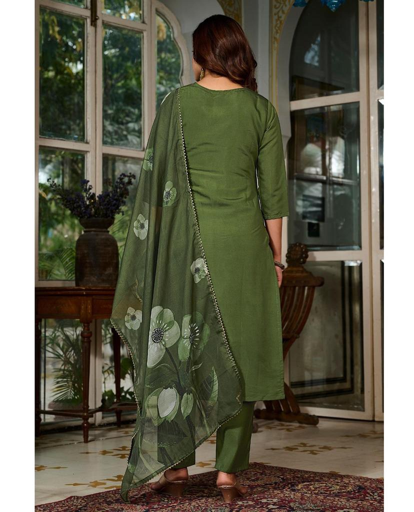 Party Wear Designer Chanderi Green Kurta Pant Dupatta Set Indian Women Top Tunic Kurti