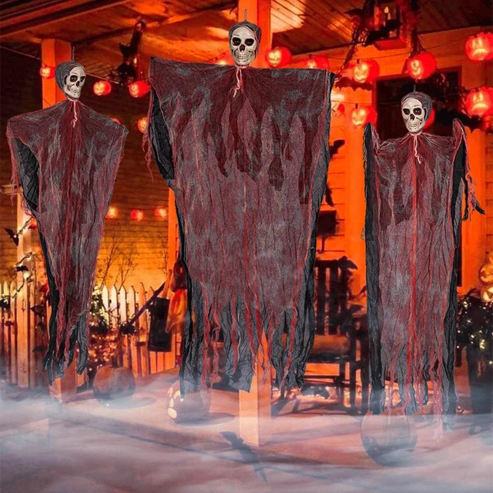 Halloween Decor Hanging Skull Blood Stained Horror Skull Head Decoration Prop Blood Red Gauze Scene Courtyard Decor