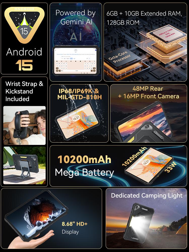 Cubot TAB KingKong Mini Android Tablet, 10200mAh Mega Battery 6GB RAM+128GBROM, Camping Light, 8.68-inch Screen, 48MP Camera, GPS