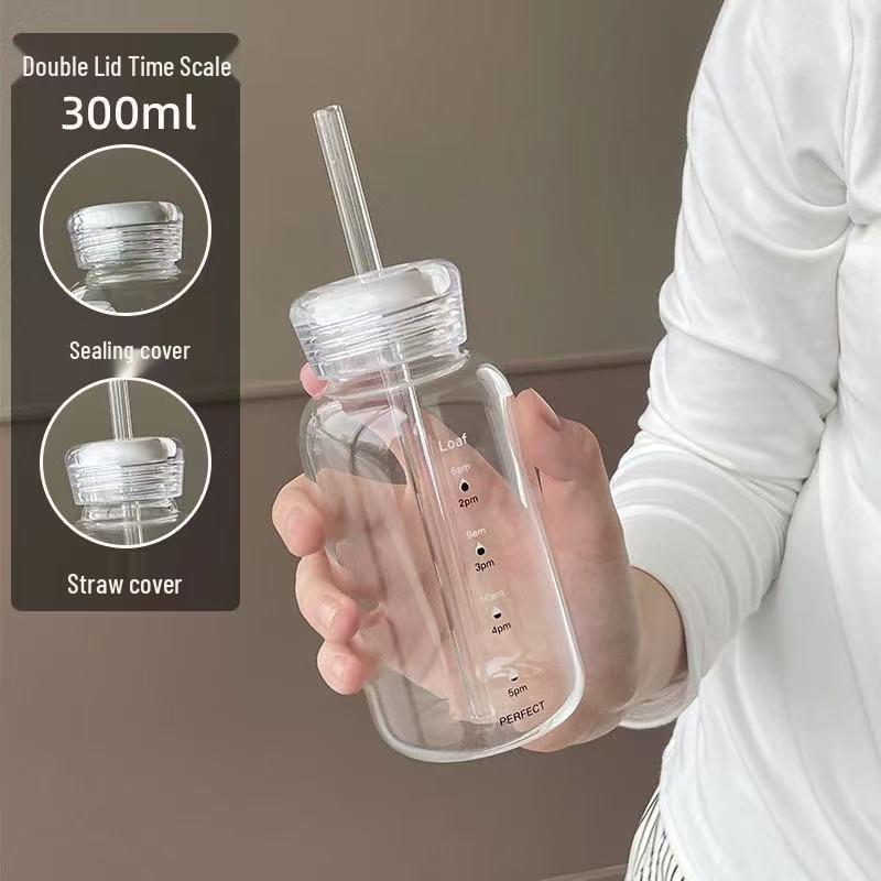 High-Temperature Resistant Glass Cup with Double Lid & Straw - Portable Large Capacity for Cold Brew, Coffee, Milk, or Water