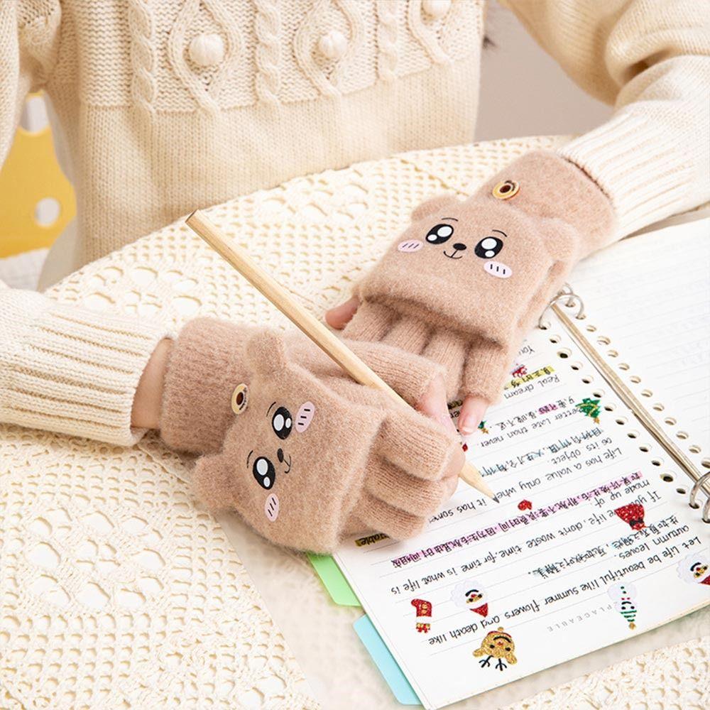 Half Finger Flip Cover Student Mittens Thick Plush Riding/Writing Gloves Knit Gloves 3-12Years