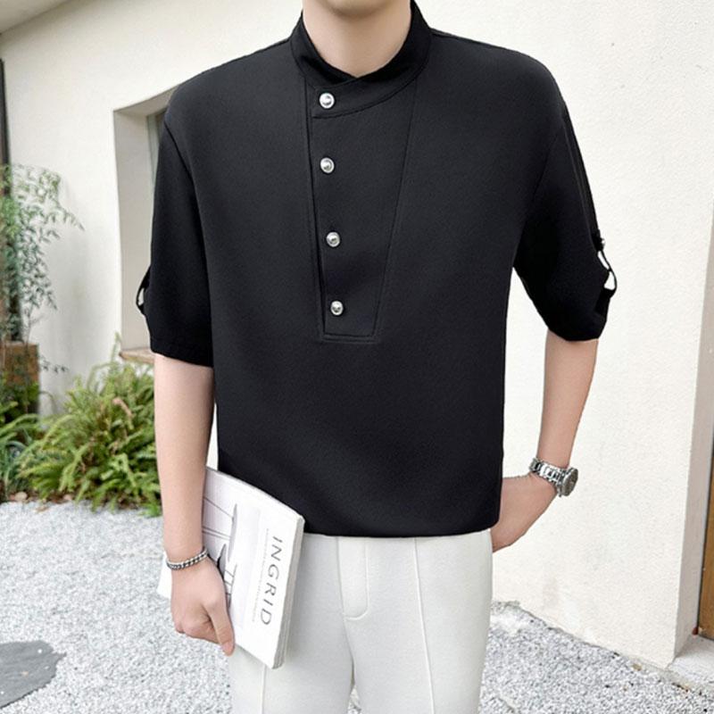 Fashion Stand Collar Button Shirts Summer Spliced All-match Korean Solid Color Men's Clothing Casual Simple Short Sleeve Shirts