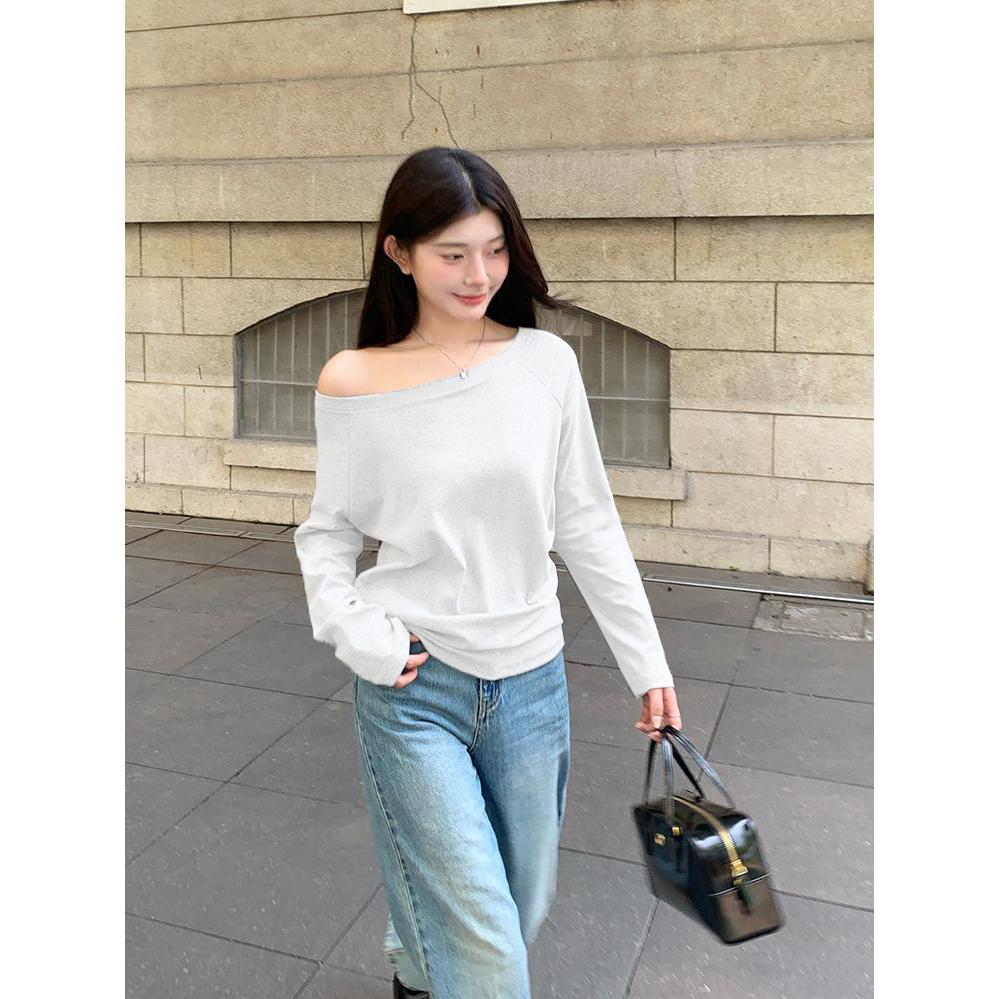 Spring and Autumn loose Off shoulder Long sleeve T-shirt Women Solid color Casual Tops Lady Basic Tees Korean style Youth Blouses