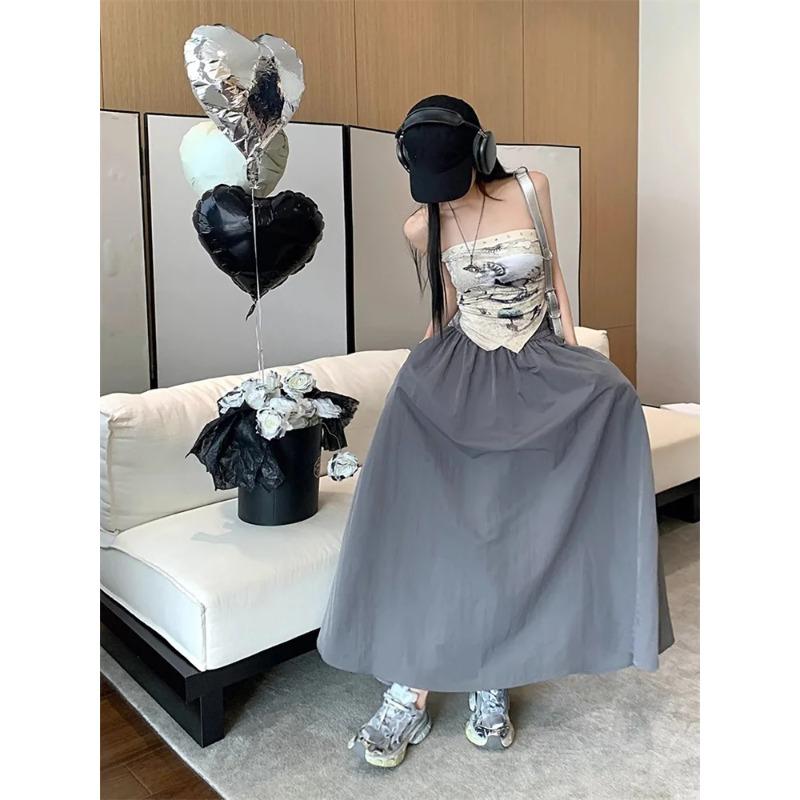 Women Retro Pockets A Line Long Skirt Ladies Casual Loose Elastic High Waist Midi Skirt Spring Summer Skirt