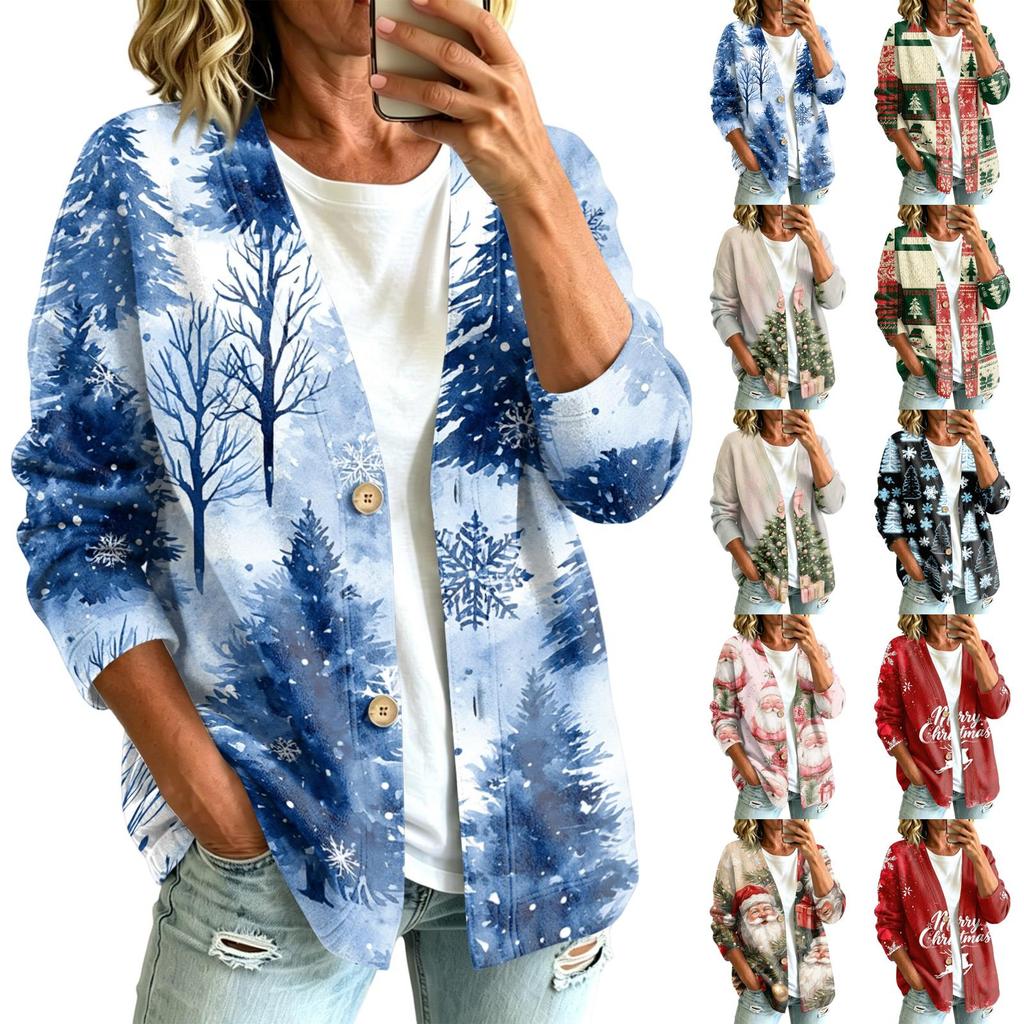 Women's Casual Christmas Print Button Front Coat for Winter Holiday and Daily Wear