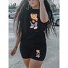 Women's 2-piece Bear Print Short Sleeve T-Shirt and High Waisted Shorts Set - Crew Neck, Black T-shirt with Colorful Bear Graphic and Matching Shorts