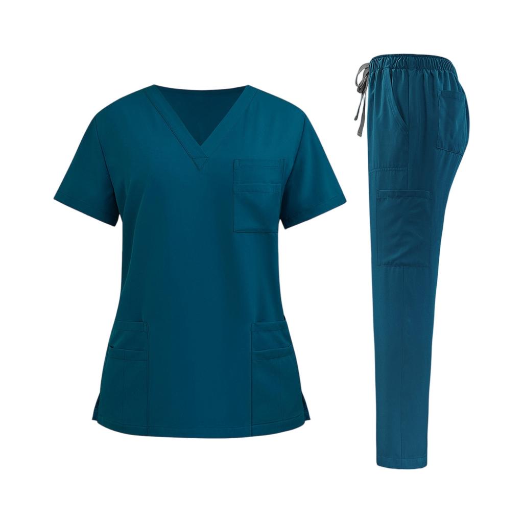 Damen Krankenpfleger Uniform Set Schnelltrocknendes Gewebe V-Ausschnitt Kurzarm Oberteil mit Taschen und Elastischem Bund Lange Hose Medizinische Arbeitskleidung Set
