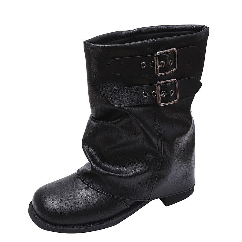 Boots Boots Women's Coarse Heel Autumn New Skirt Pants Tube with Locomotive Martin Boots Pile Pleated Black