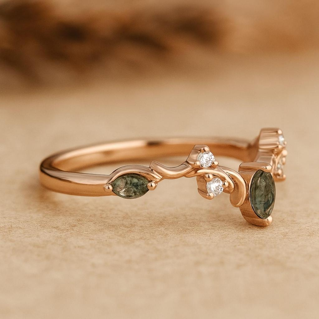Marquise Moosachat Chevron Ring – CZ-Akzentuiertes Roségoldplattiertes 925 Sterlingsilberband – Einzigartiger grüner Edelstein Verlobungsring