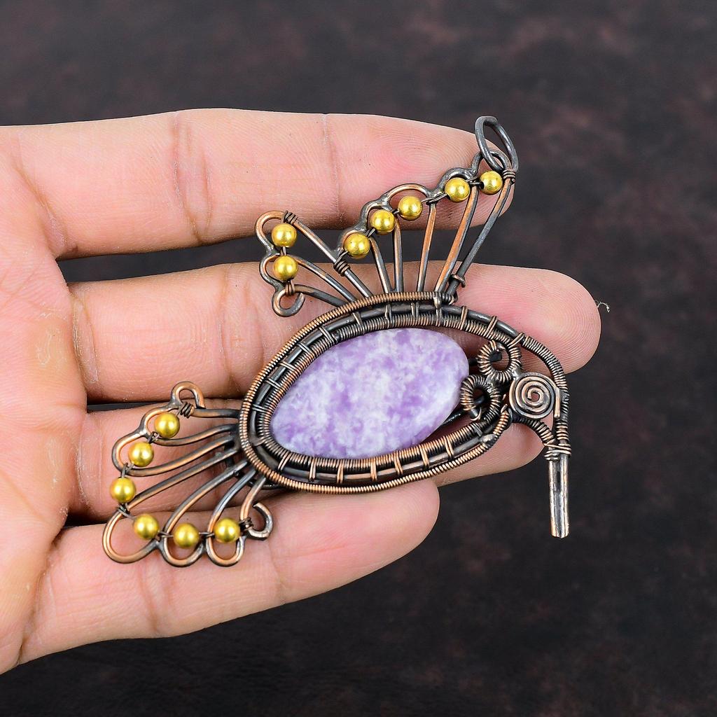 Lepidolith Anhänger Kupferdraht gewickelter Schmuck Edelsteinanhänger Kupferdrahtwicklung Vogelanhänger Eleganter Schmuck Handgefertigter Anhänger Geschenk für Ihn