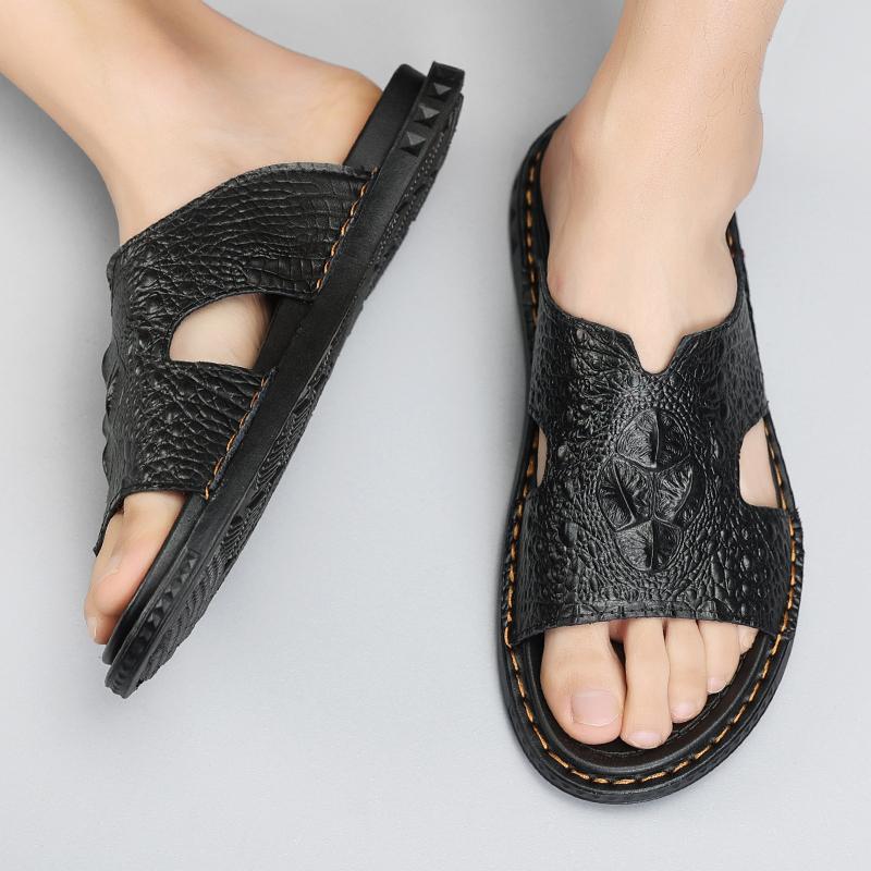 Leather Men's Slippers Luxury Crocodile Slip On Casual Shoes High Quality New Non-Slip Summer Sandals For Men Slippers