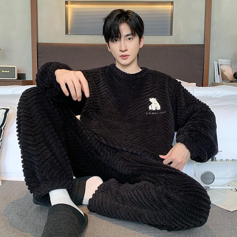 1set Men'S Casual Crew Neck Pajama Set, Cartoon Print, Polyester Knit Fabric, Slight Stretch, Loose Fit, Fall/Winter Warm Loungewear Set