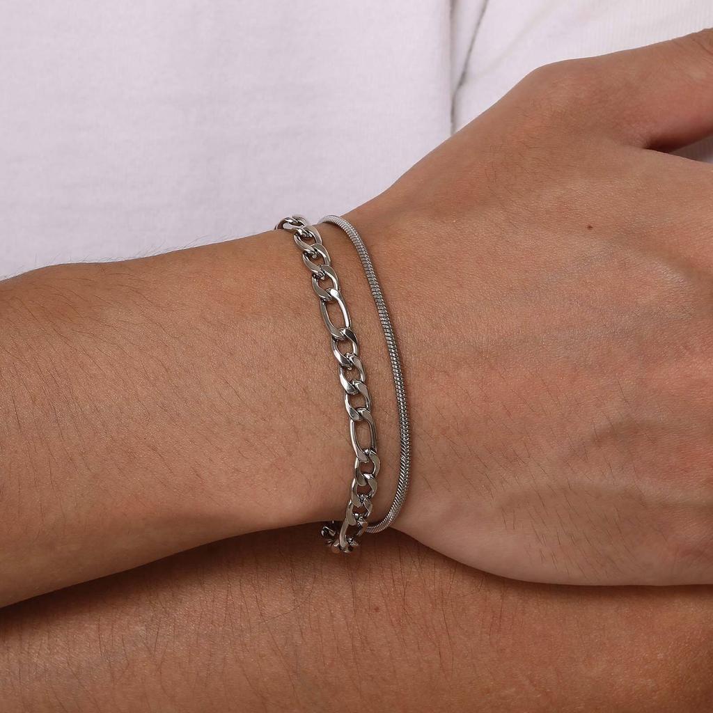 2pcs Stainless Steel Bracelets for Men,Silver Color Figaro Chain Links Wristband,Casual Jewelry Gift