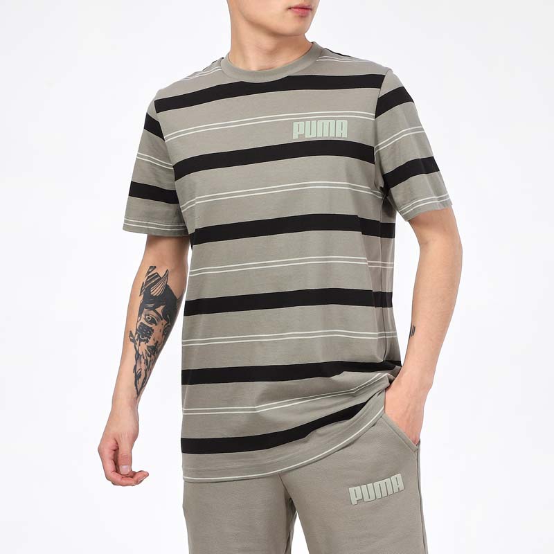 Puma Modern Striped Sports Crew Neck T-Shirt Men Tops Military-Green 845576-73