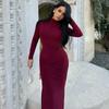 Sexy Mock Neck Side Split Long Dresses Women Slim Elegant Long Sleeved Package Hip Dress Spring Solid Evening Party Robes