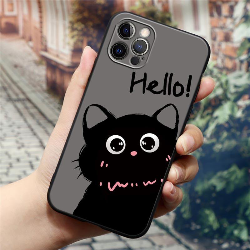 Black Cats Cute cat Hello Phone Case For Apple iPhone 16 15 14 13 12 11 Pro Max XR XS Max 7 8 Plus SE2 Back Cover Silicone Cases