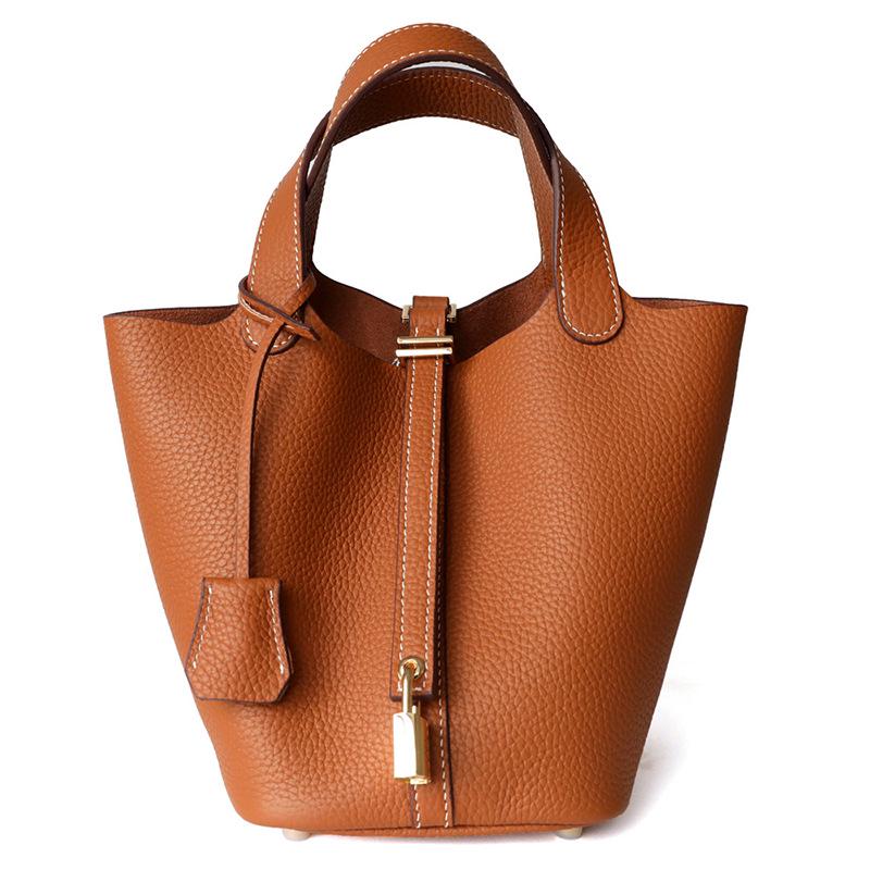 Women's Genuine Leather Bucket Handbag - Large Capacity, High-End Cowhide Veggie Basket Style