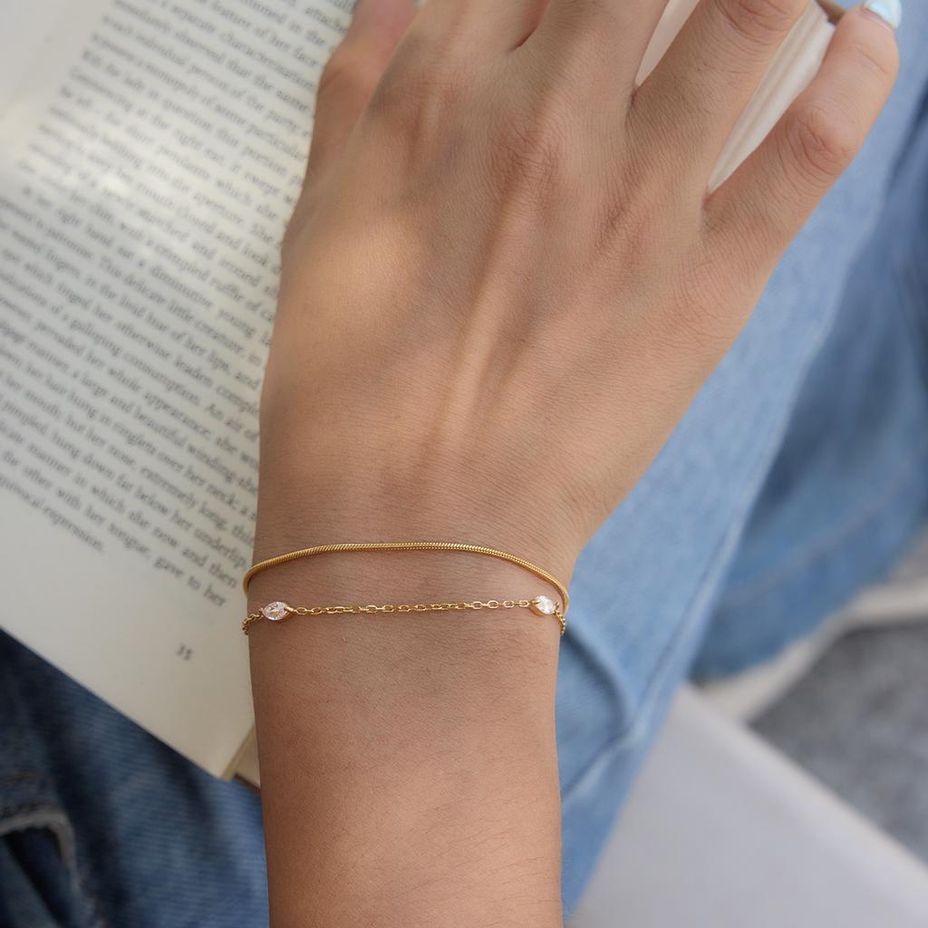 Youthway New 18K Gold PVD Plated Double-layer Zircon Bracelets For Women Classic Stainless Steel Waterproof Jewelry Gifts