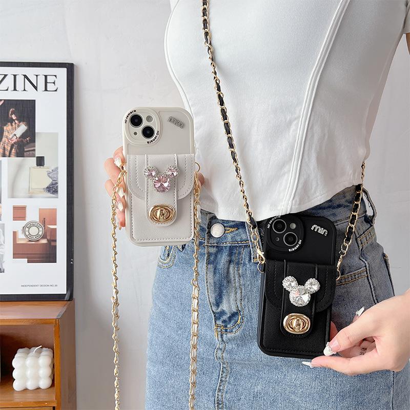 Rhinestone Mickey Mouse Lock Wallet Mobile Phone Case For Iphone17Promax Crossbody Rope Apple 15 Silicone 16