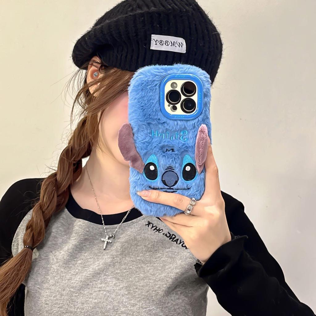 Plush Stitch phone case for Apple 16PROMAX lens holder 15 autumn and winter 11 fluffy 13/14