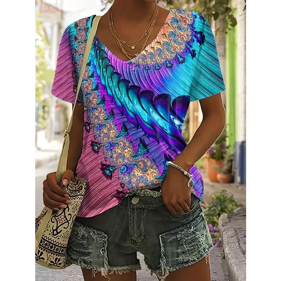 

Яркая футболка с цветочным принтом, с коротким рукавом и V-образным вырезом - Женские повседневные футболки для весны и лета - Удобные, XS