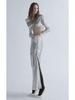 Spring and Autumn European-American Women's Two-Piece: Silver Sequin Long Skirt and Top