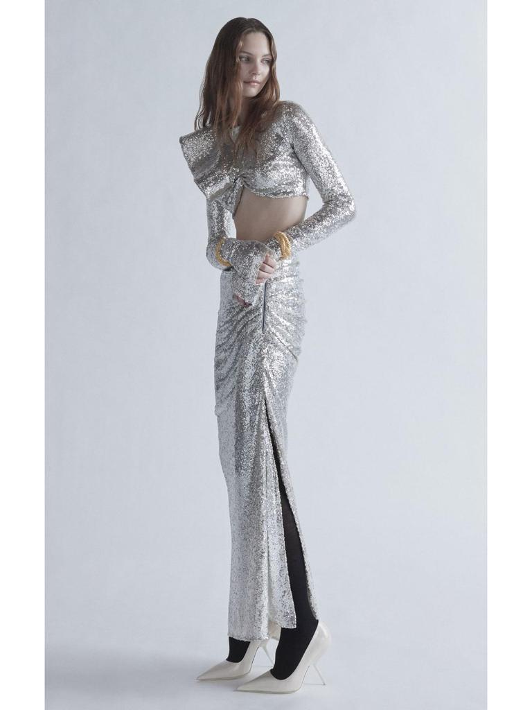 Spring and Autumn European-American Women's Two-Piece: Silver Sequin Long Skirt and Top