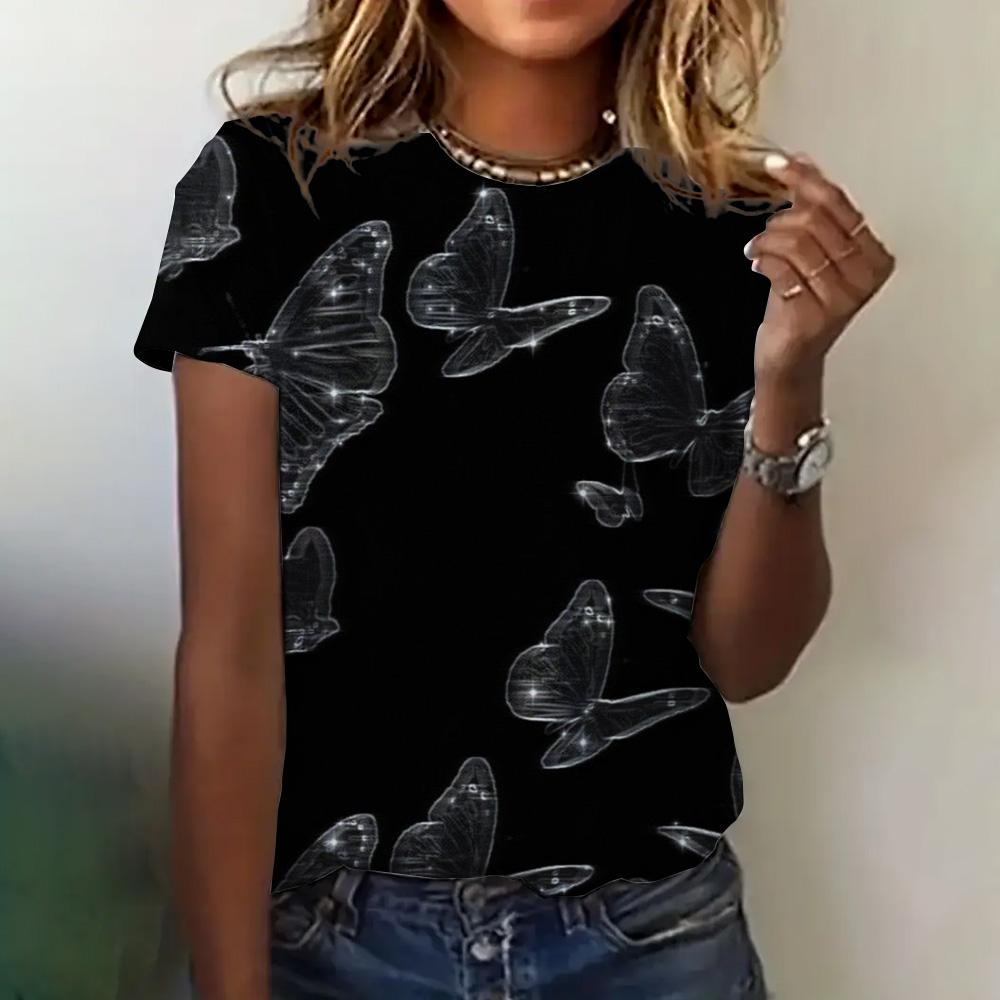 Women's Clothing Summer 3D Printed T-shirt Loose Breathable Short Sleeve Fashion Butterfly Print Round Neck Casual Top Women's T-shirt