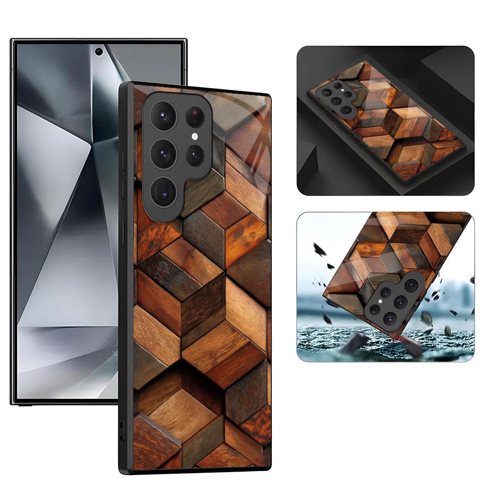 Wood texture square for Samsung mobile phone case A35 creative high-transparency glass case S25Ultra protective case s20