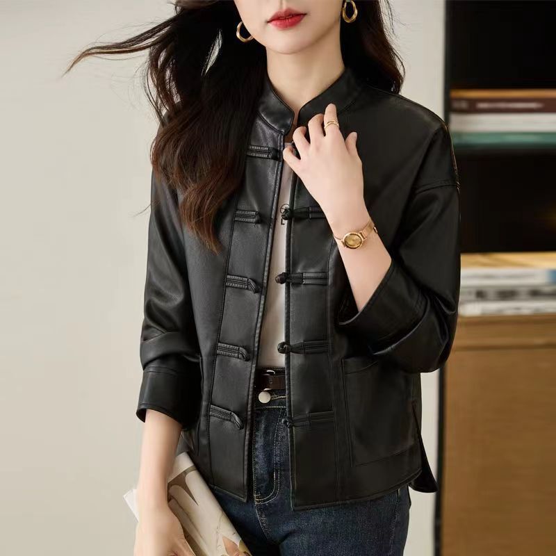 

Женская кожаная куртка, флисовая утолщенная, китайская черная пряжка, ретро, новая осенне-зимняя кожаная куртка, короткое зимнее пальто M 85-52.5kg