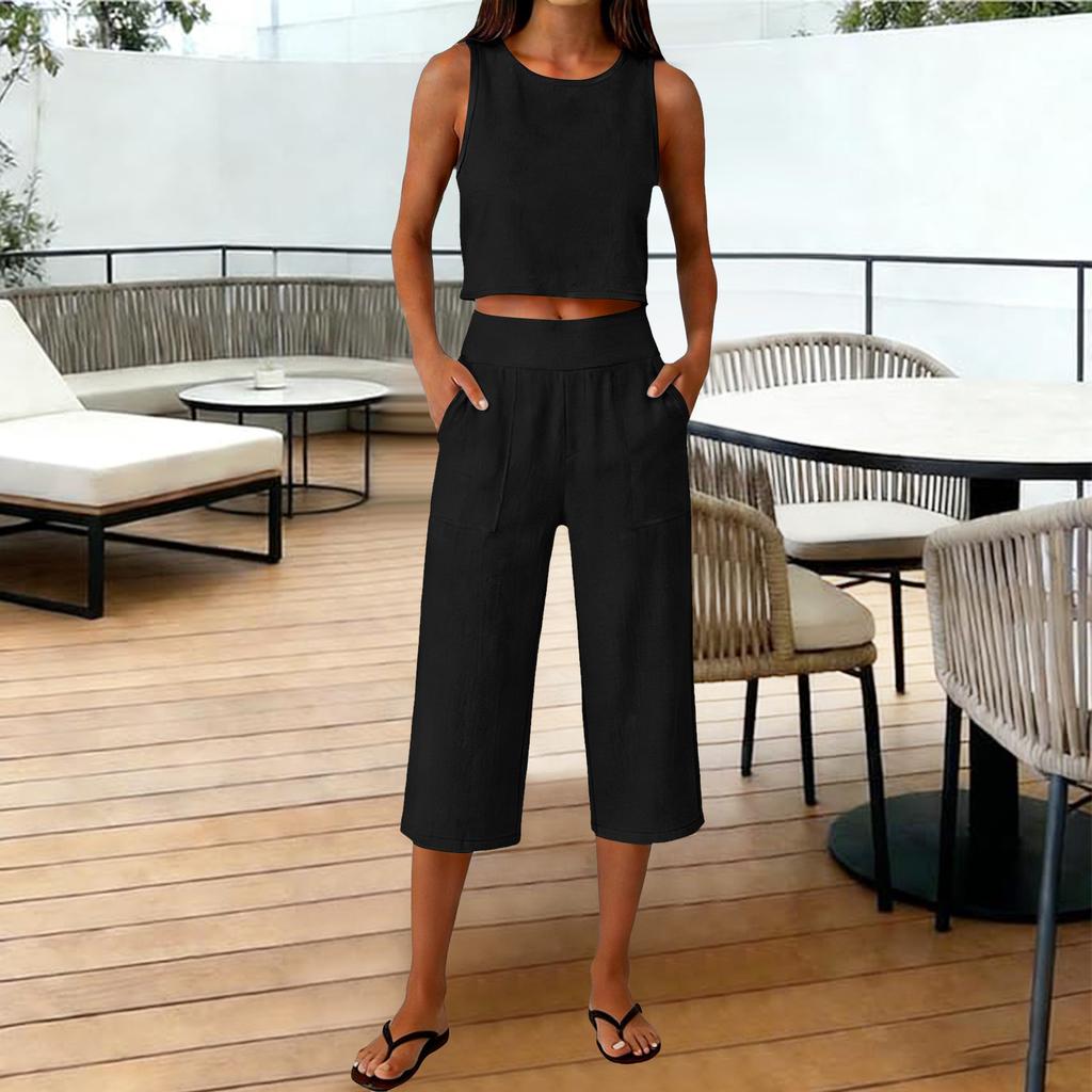 Women's Fashionable Casual Round-Neck Sleeveless Two-Piece Set