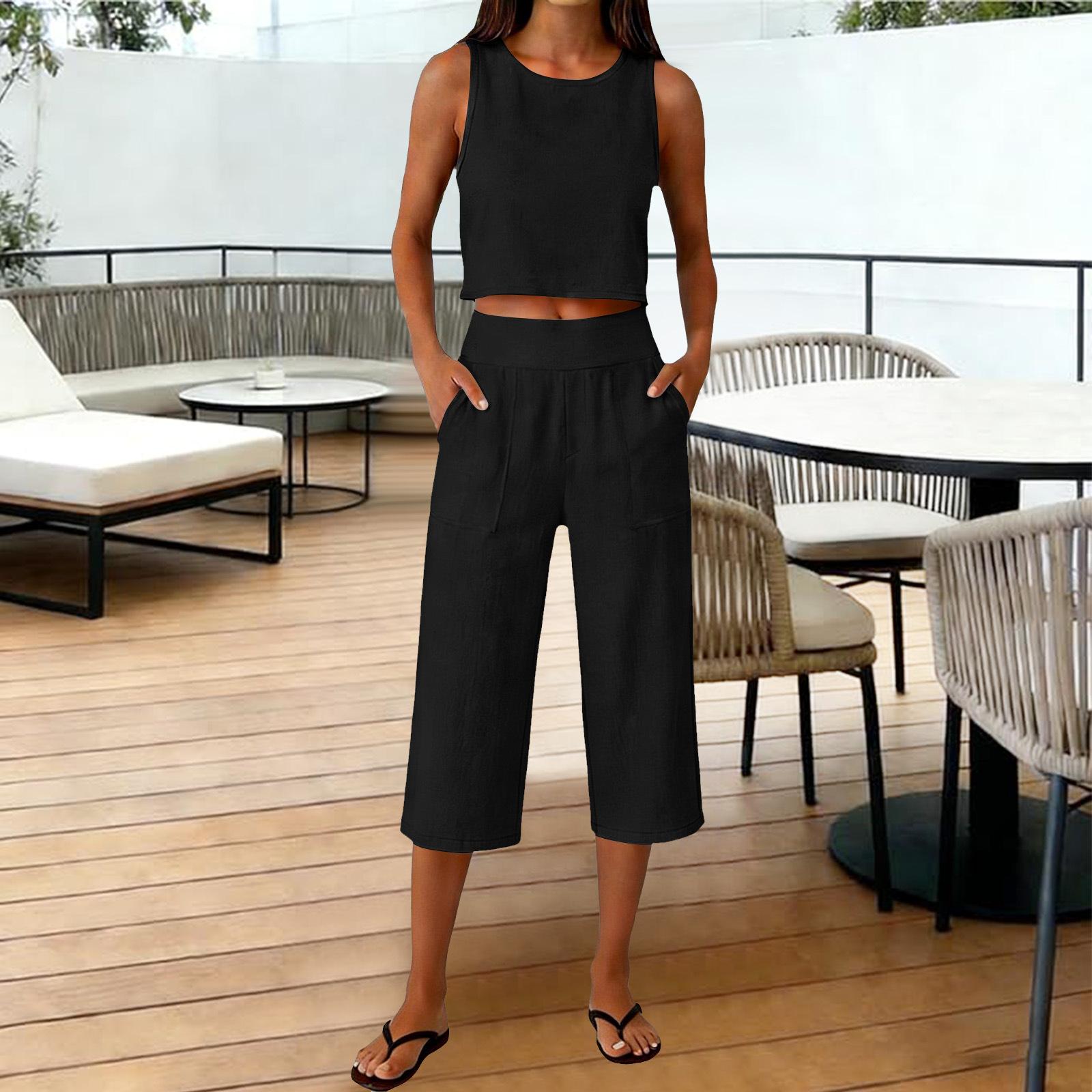 

Women s Fashionable Casual Round-Neck Sleeveless Two-Piece Set L чёрный