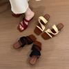 Color Matching Slope Heel Retro Spice Girl Style Slippers~ Square Head Suede One-word Slippers Female Summer and Korean Version Open-toed High-h