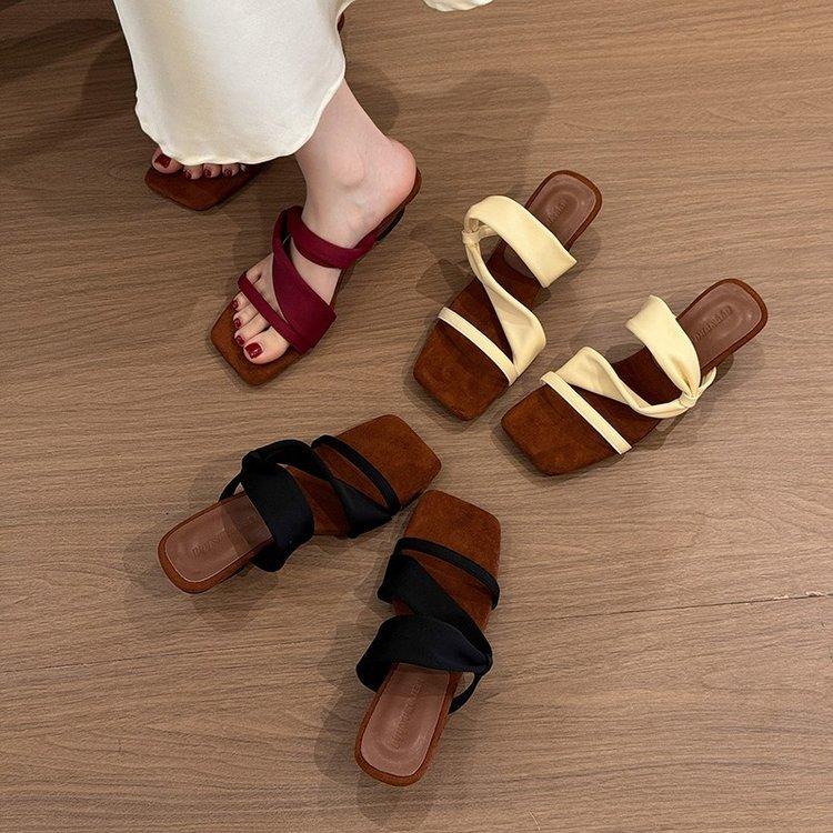 Color Matching Slope Heel Retro Spice Girl Style Slippers~ Square Head Suede One-word Slippers Female Summer and Korean Version Open-toed High-h