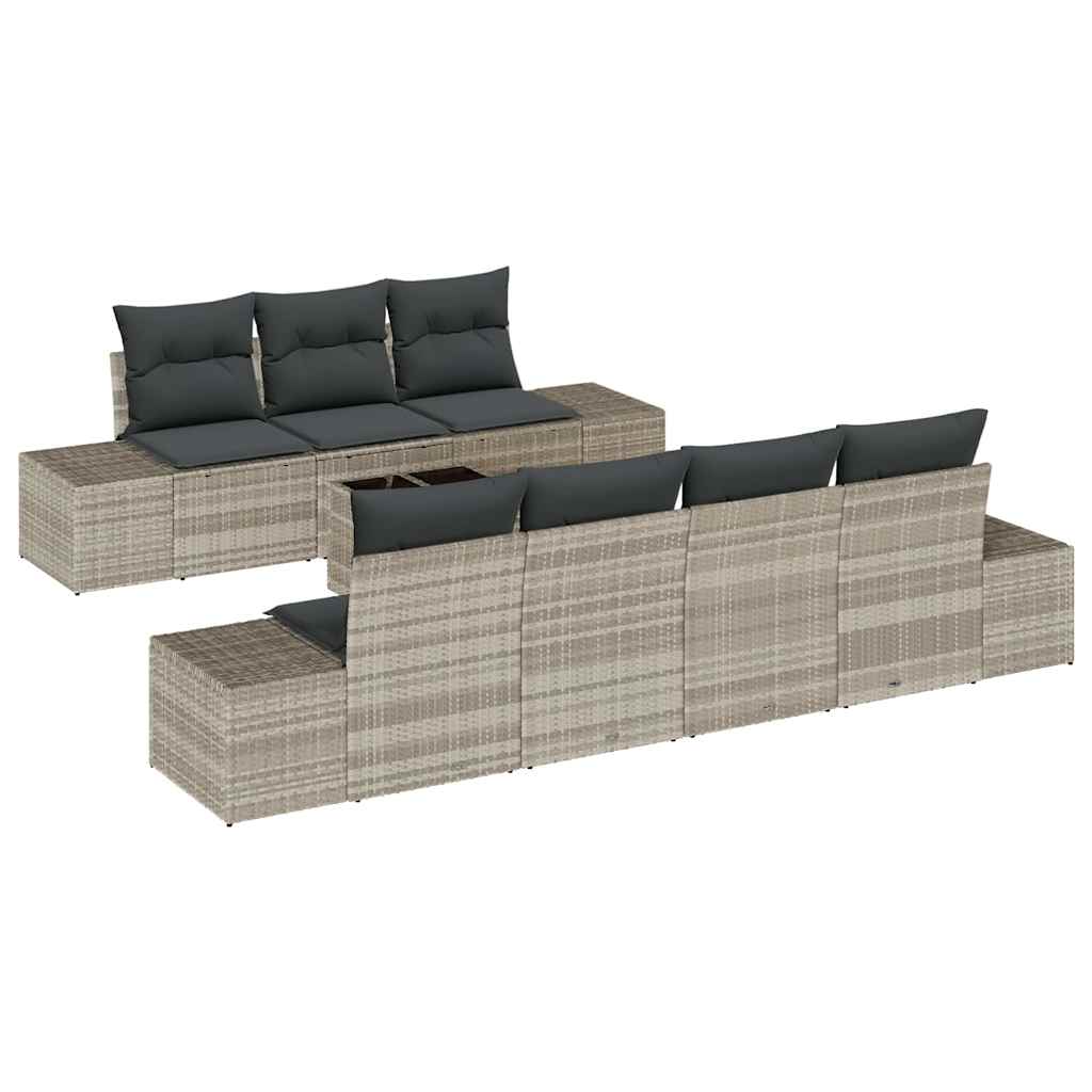 8 Piece Sofa Set with Cushions Light Grey Poly Rattan