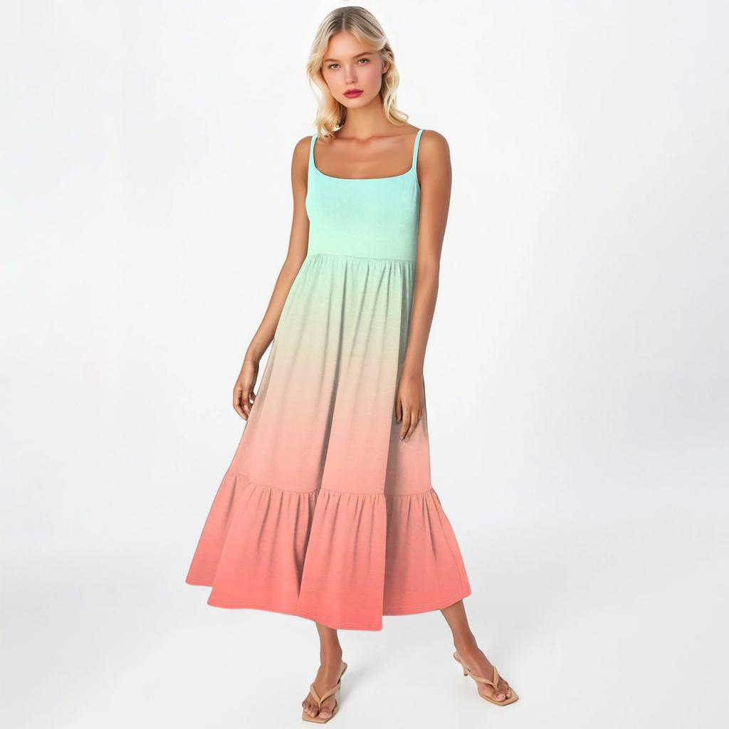 Women's Long Beach Casual Elegant Spaghetti Strap Maxi Dress Gradient Color Low-key Flowing Bohemian Dress