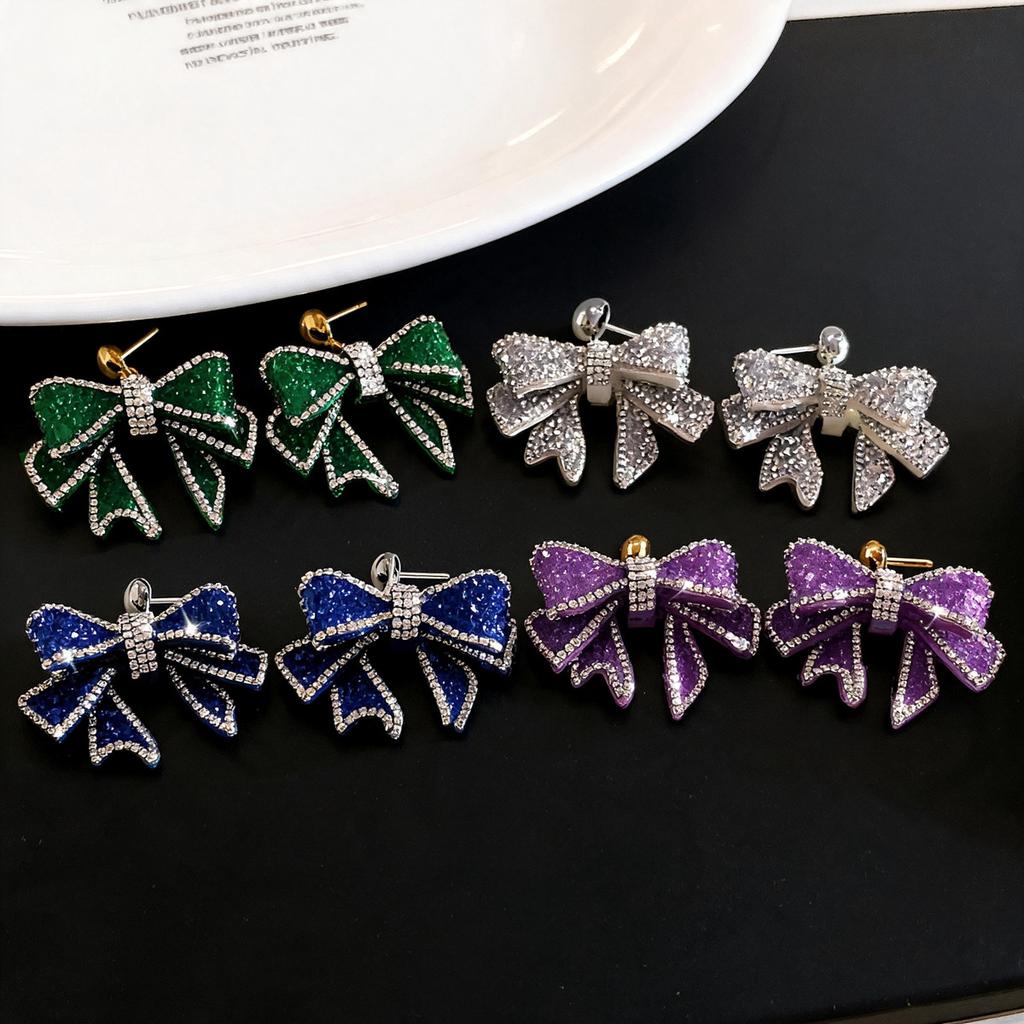 European and American diamond-set flower bow pearl fringed stud earrings fashionable exaggerated earrings light luxury high-end earrings