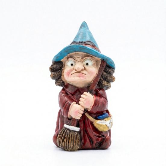 Halloween Themed Photography Prop Witch on Broomstick Resin Figurine, Gnome Statue with Wizard Hat, Decoration Vintage Spooky Decor for Shelf
