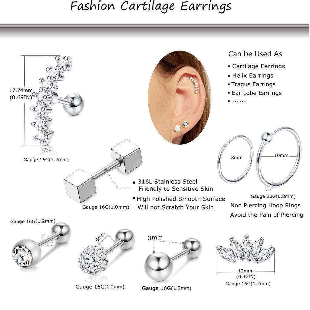 1 Pairs Stainless Steel Cartilage Stud Earrings for Men Women Helix Tragus CZ Barbell Conch Piercing Earrings Ear Hoop Earrings