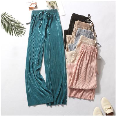 Women Fashion Summer Wide Leg Pants Pleated Ice Silk Trousers Elastic Waist Loose Casual Pants
