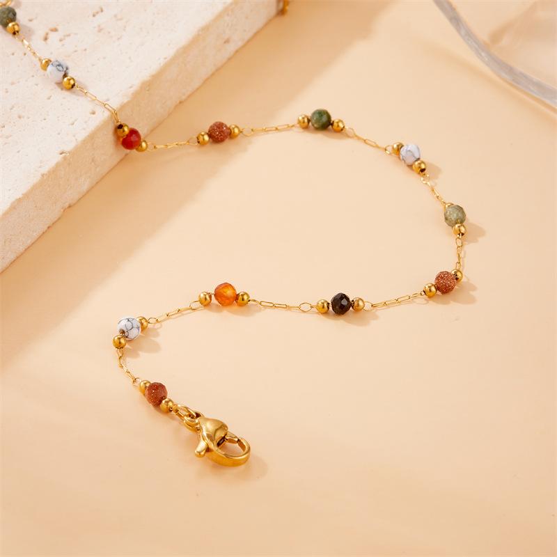 Gold Stainless Steel Natural Colored Beads Bracelet Womens New Style Concise Trend Non-fading Golden Hand Zircon Gift
