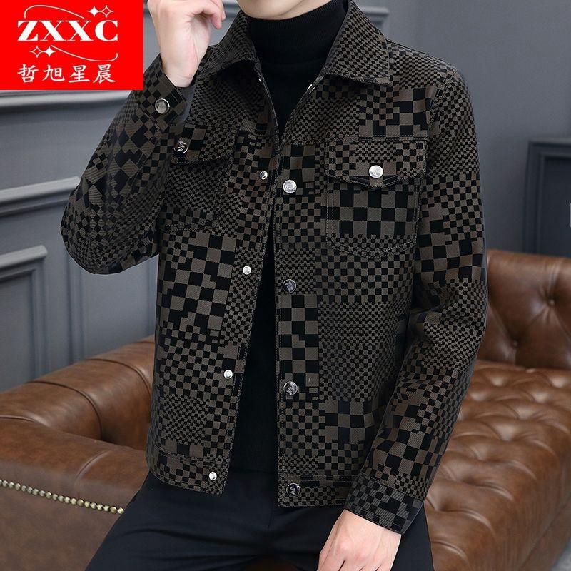 Autumn and winter new coat men's trendy brand ruffian handsome floral plaid leather jacket clothes men's trendy casual top