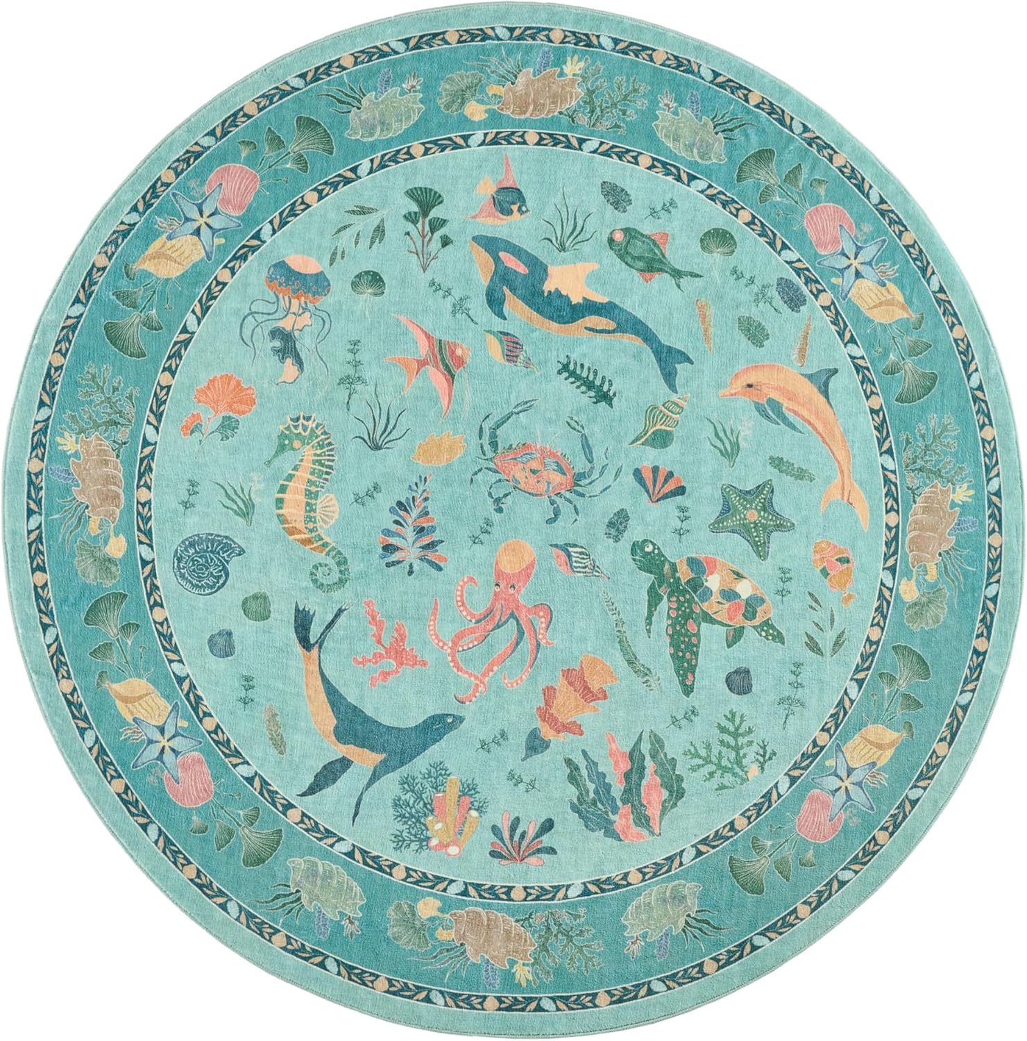 Teal Ocean Life Round Rug Vibrant Sea Creatures Jellyfish Dolphin Turtle and Coral 60cm