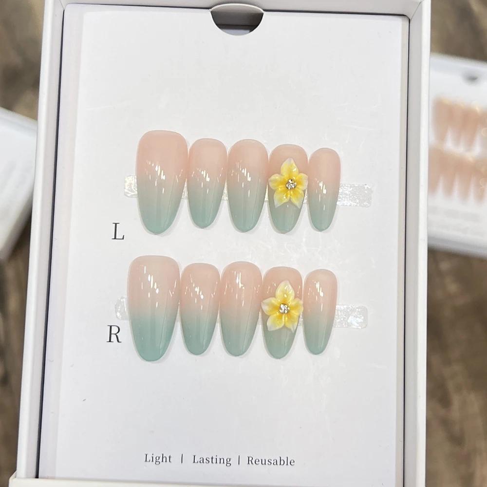 10Pcs Handmade French Gradient Cat Eye Press On Nails With 3D Butterfly Diamond Flowers Long Coffin Almond Shape